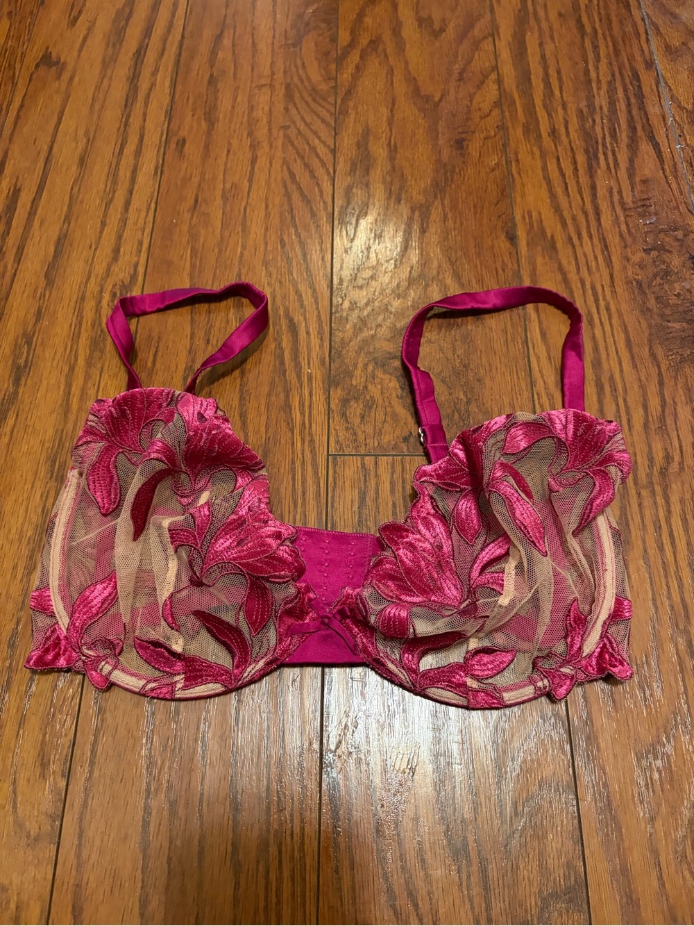 Fleur du Mal Fuchsia Pink Sheer Floral Embroidered Balconette Bra